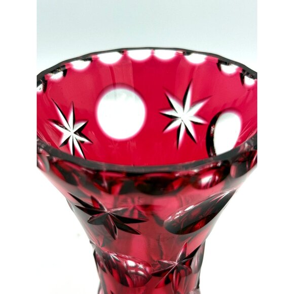 Bohemian Lead Crystal Cut to Clear Cranberry Round Thumb Star Vase VTG - Picture 2 of 7